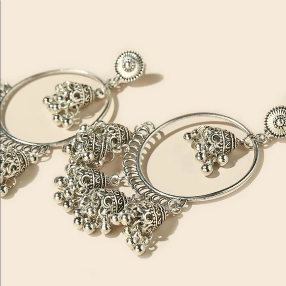 🇮🇳Jhumka Bell Tassel Hoop Silver Earrings Boutique Indian Bollywood Tibetan - Picture 2 of 4